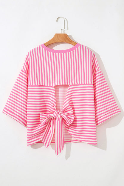 Riley Stripe Bowknot Cutout Back Loose Top