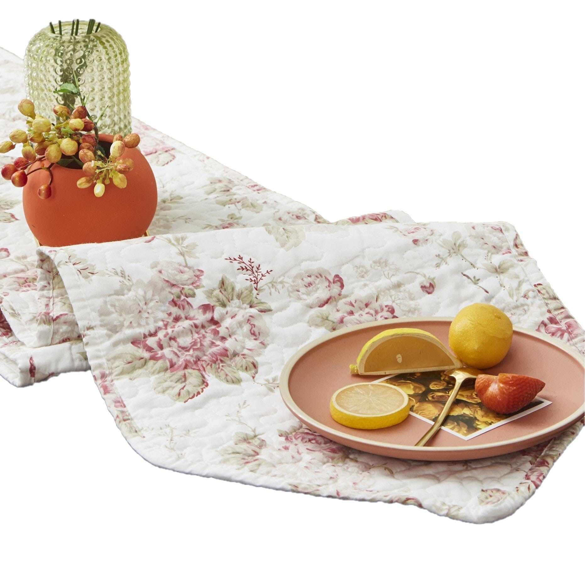 DaDa Bedding Hint of Mint Cottage Floral Roses Quilted Cotton Dining Table Runner (3036)