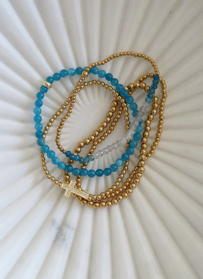 Holy Cross Blue Beaded Bracelet Stack - Set of 5 Waterproof Non-Tarnish
