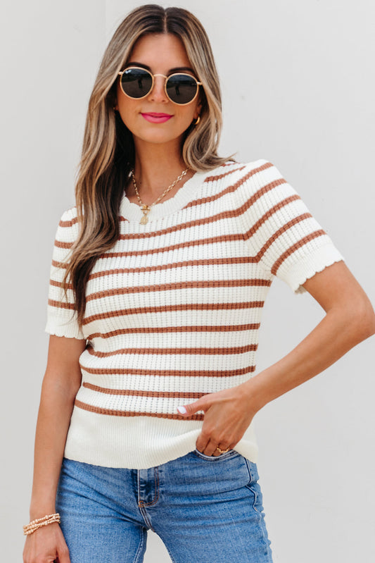 Eloise Stripe Scalloped Round Neck Short Sleeve Sweater