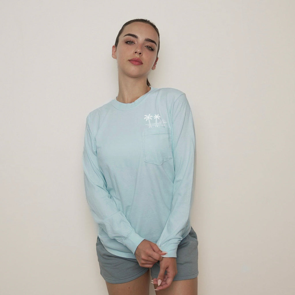 Comfort Colors Palm Tree Sun Wave Lake Beach Vacation Pocket Long Sleeve Shirt