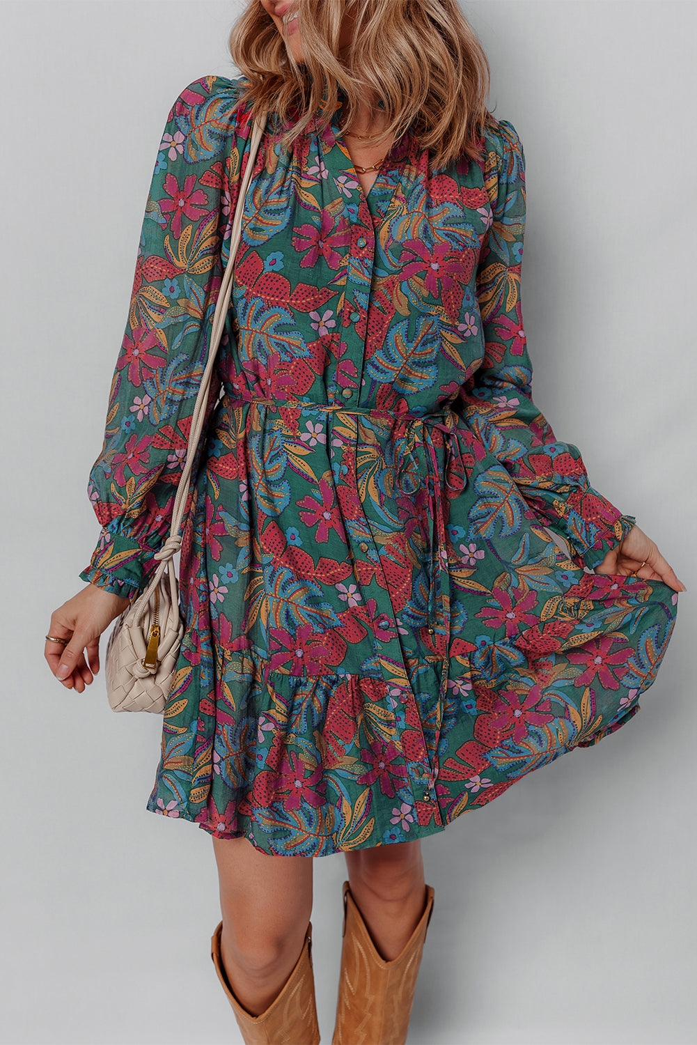 Maria Floral V Neck Puff Sleeve Dress