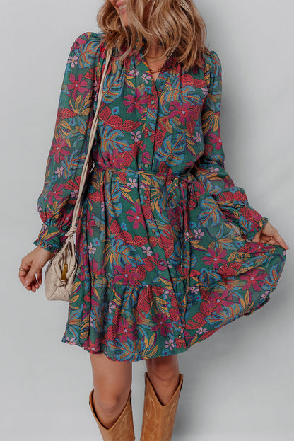 Maria Floral V Neck Puff Sleeve Dress