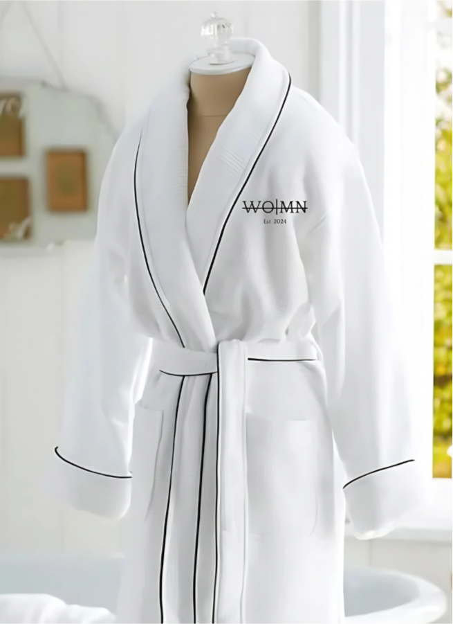 WO|MN embroidered logo 100% cotton waffle weave robe with black piping trim and two pockets - white