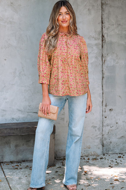 Sadie Floral Bow Pin-tuck Bust Half Puff Sleeve Blouse