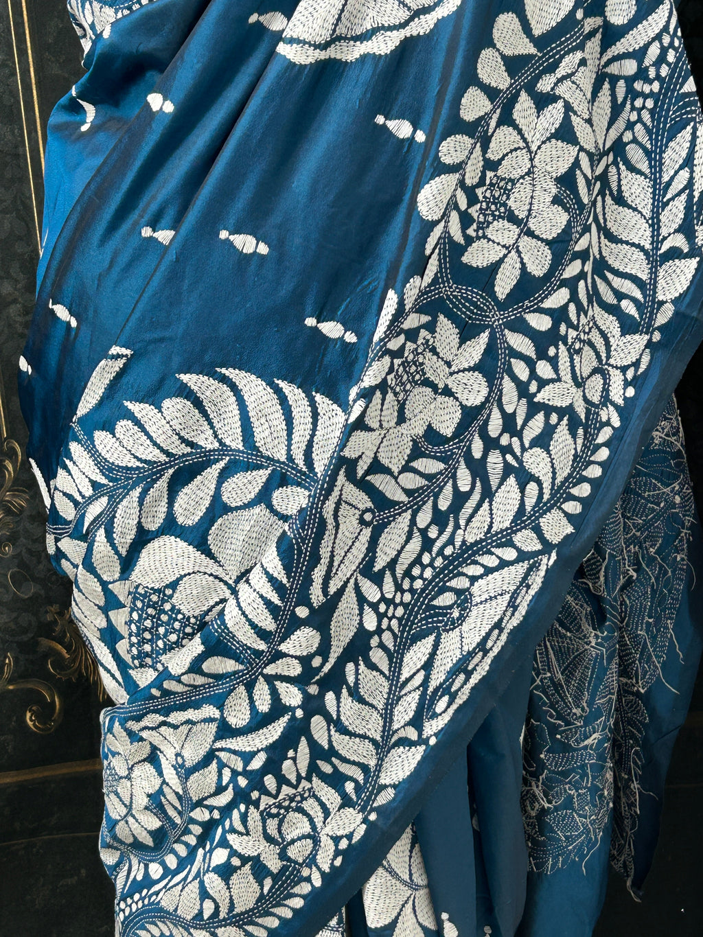 Kantha silk saree : fall pico done