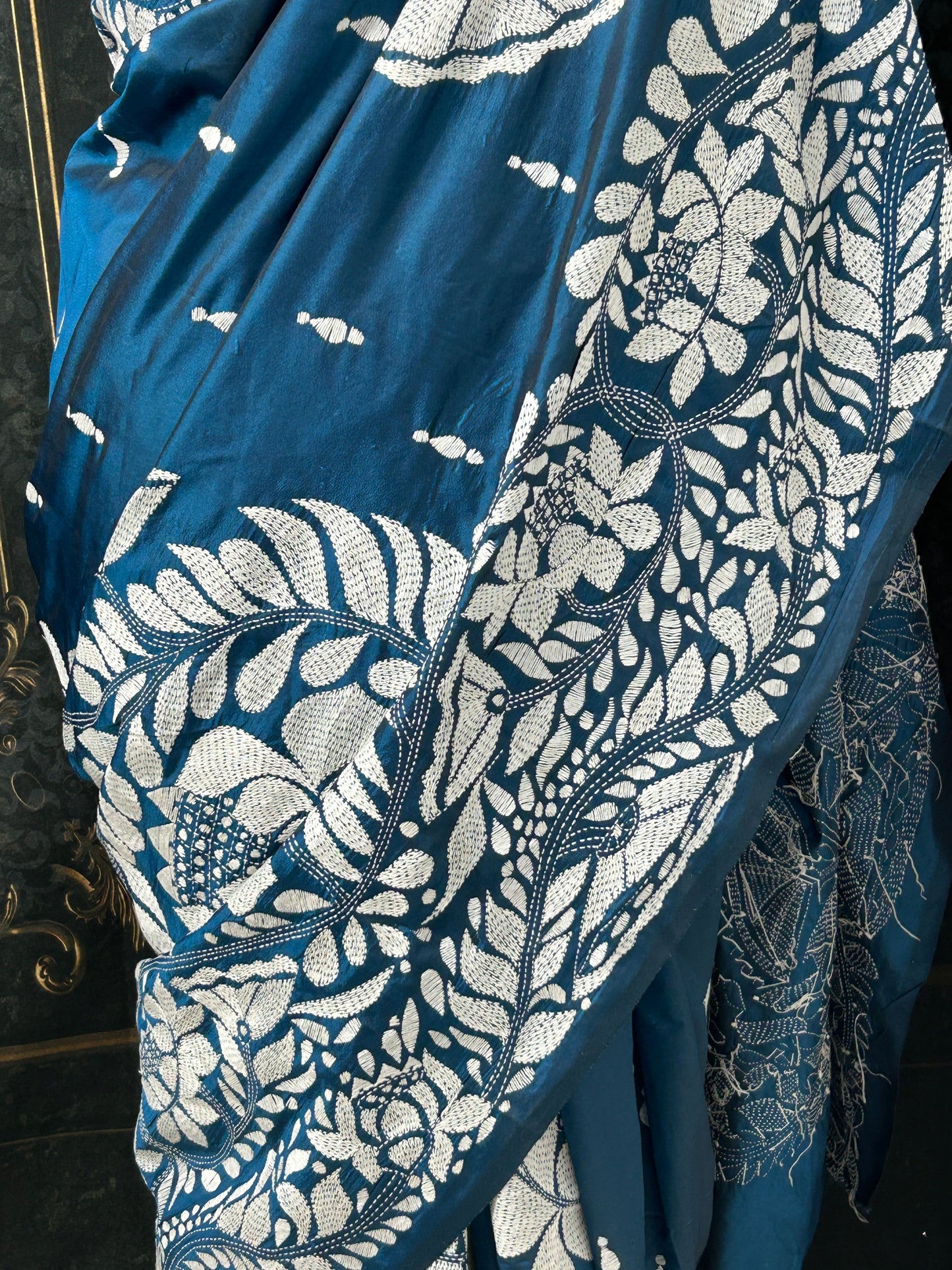 Kantha silk saree : fall pico done