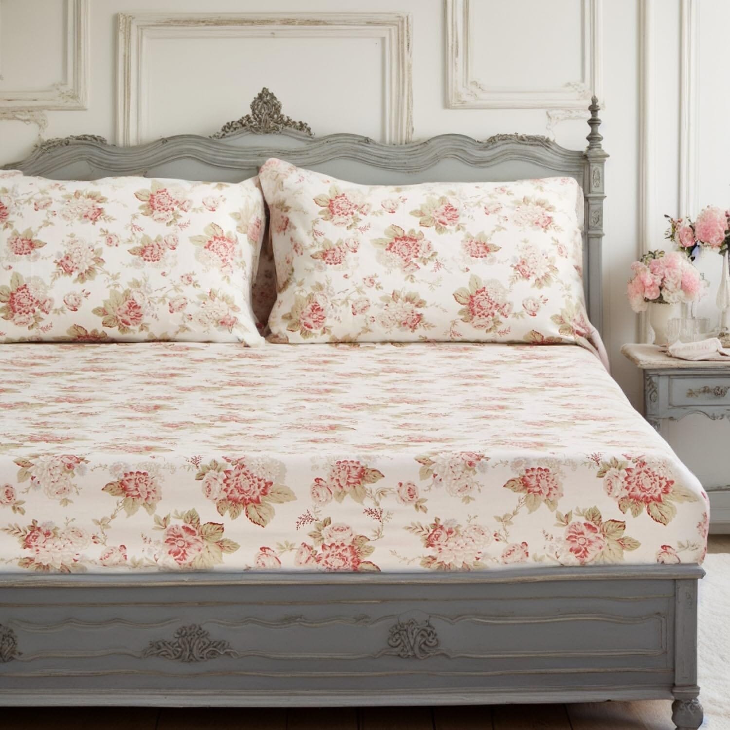 DaDa Bedding Hint of Mint Dainty Cottage Floral Roses Cotton Fitted Sheet w/ Pillow Case (3036)
