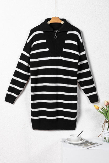 Iris Striped Zip Collared Loose Sweater Mini Dress