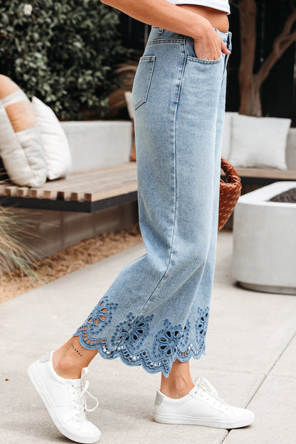 Juliette Embroidered Cropped Wide Leg High Waist Jeans