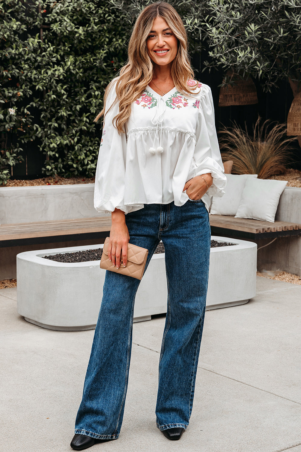 Skylar Flower Lace-up Babydoll Blouse