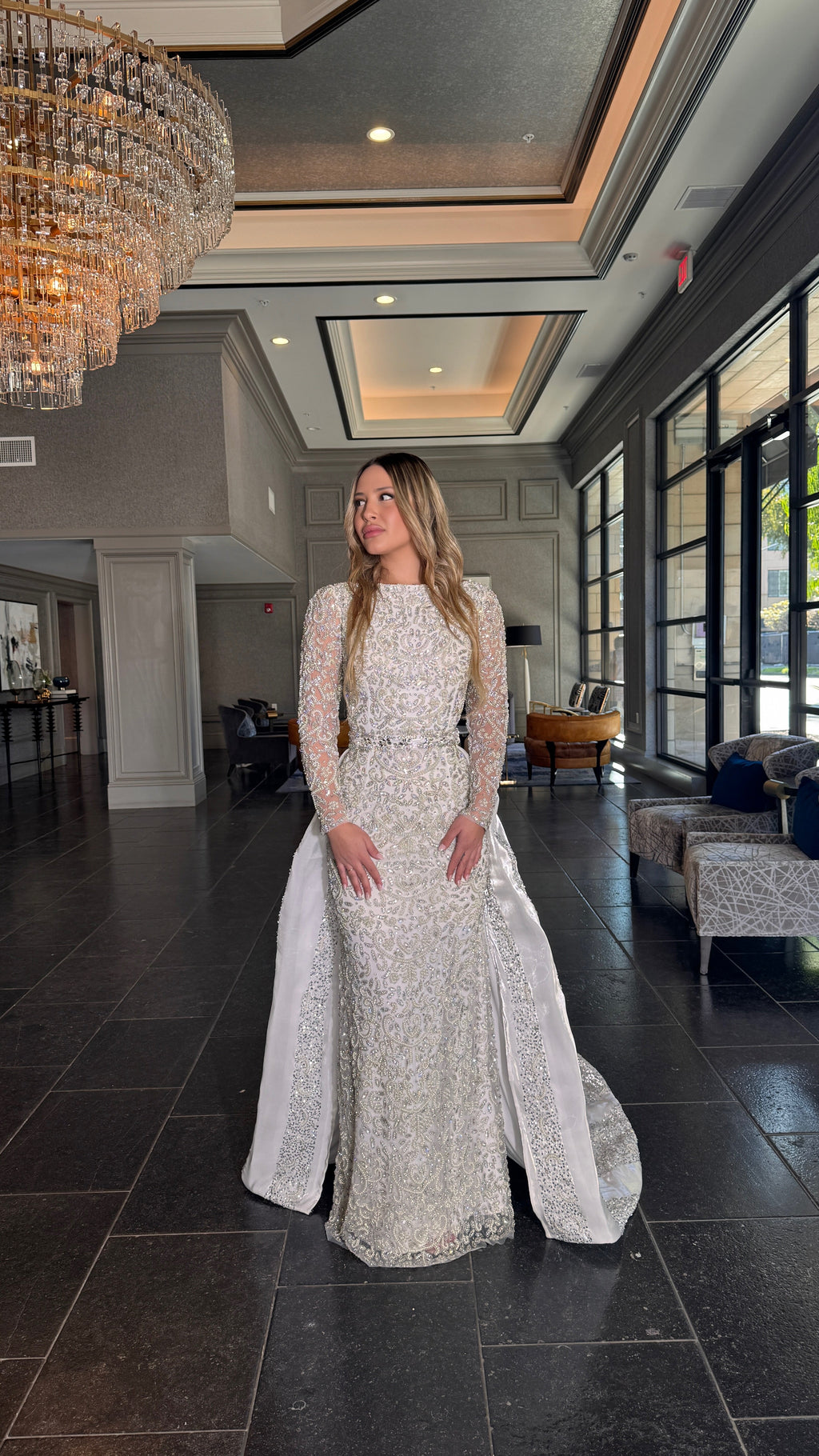 Aleena Bridal Embellished Pearl Crystal Beaded Gown With Detachable Overskirt