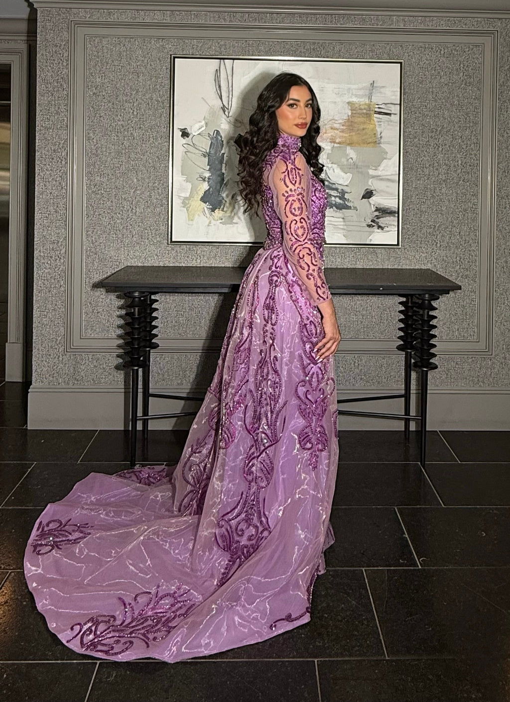 Deema High Neckline Tulle Embroidered Dress