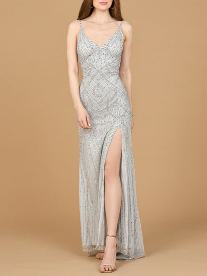 Beaded Lace-up Dress with Slit