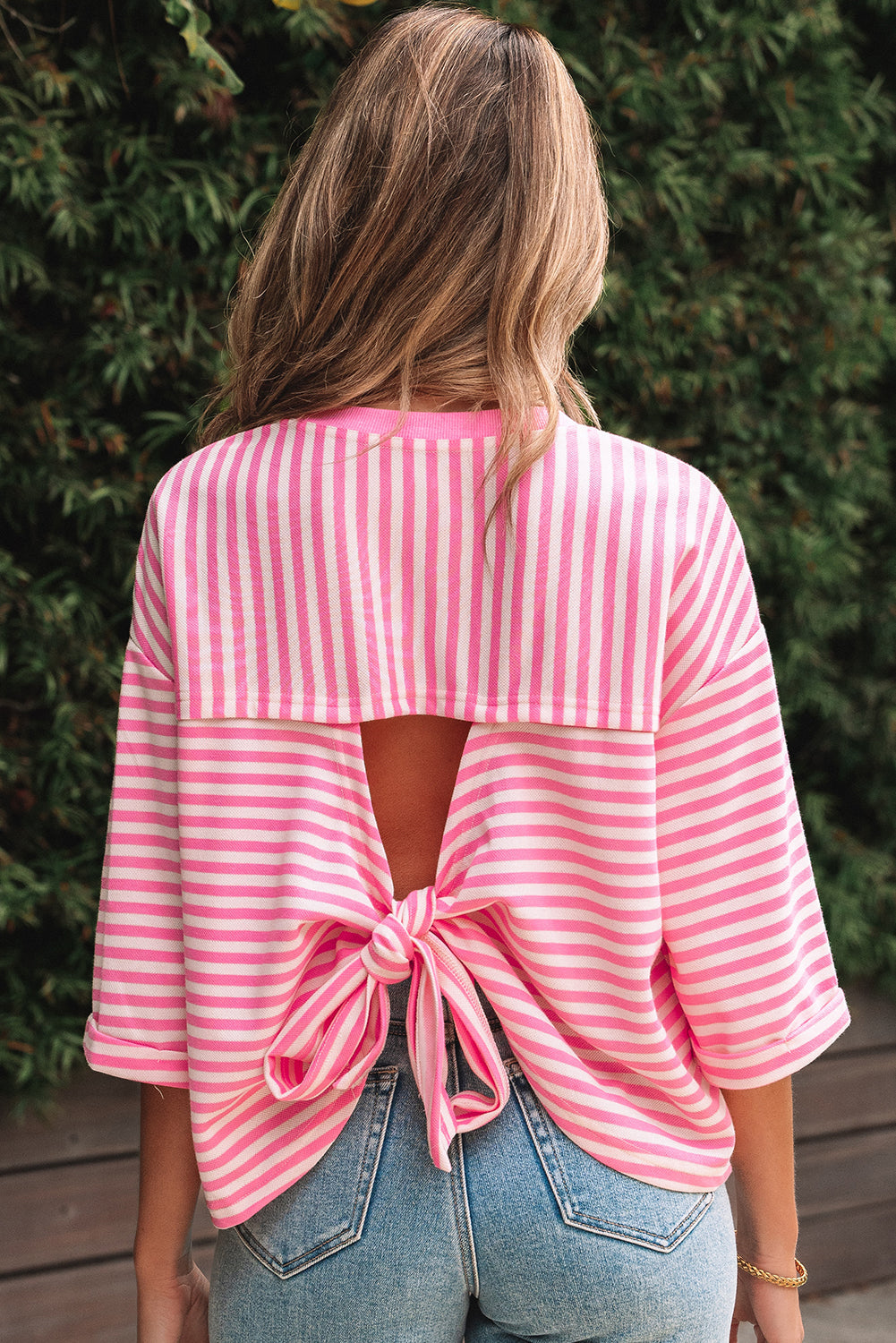 Riley Stripe Bowknot Cutout Back Loose Top