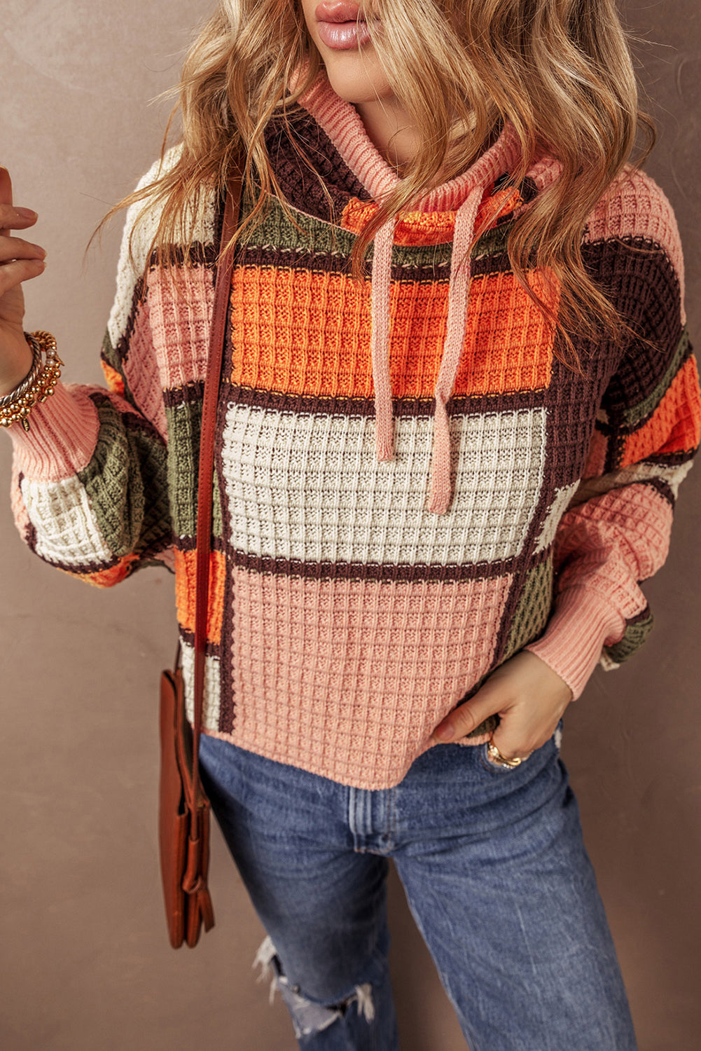 Zoey Waffle Knit Drawstring Mock Neck Sweater