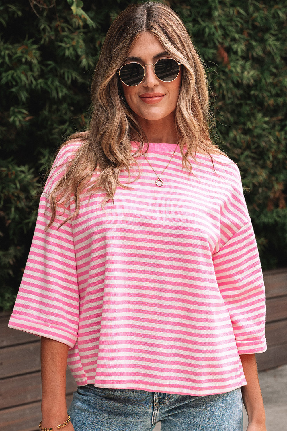 Riley Stripe Bowknot Cutout Back Loose Top