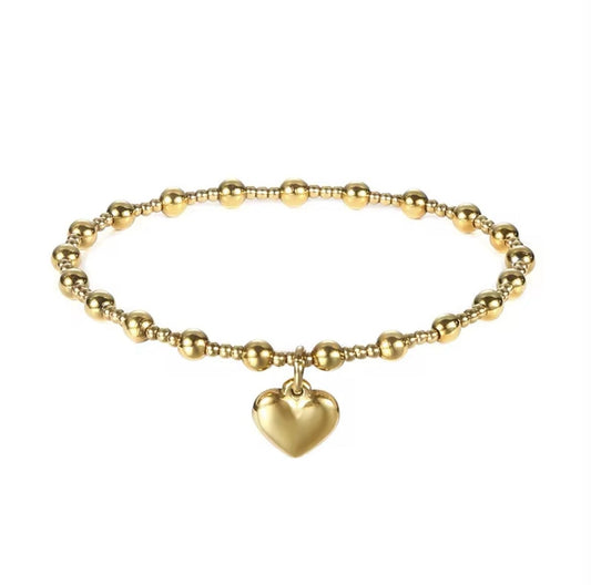 Classic Beaded Puffed Heart Waterproof Non-Tarnish Bracelets