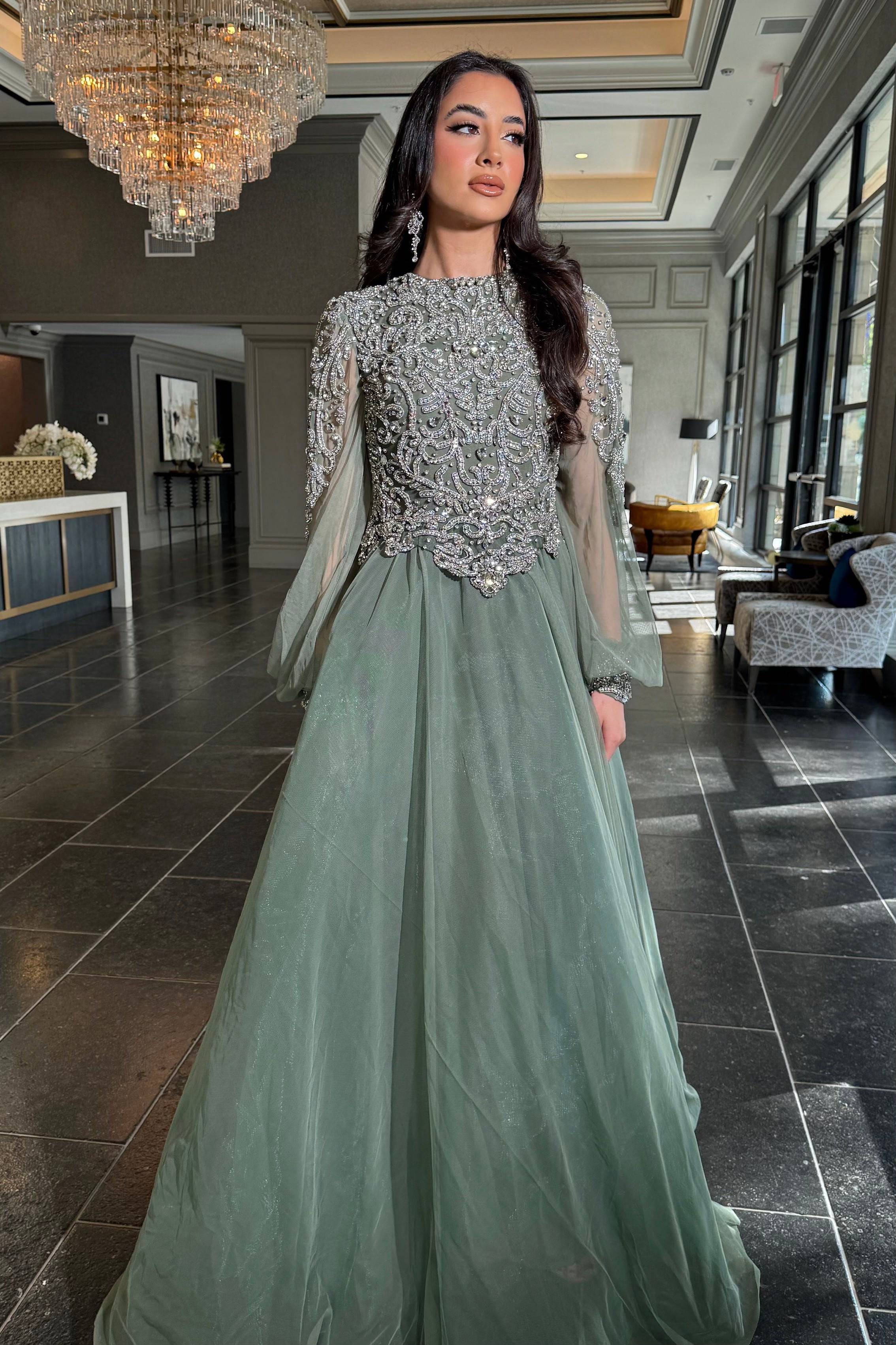 Ashira Long Sleeve Ball Gown Sage