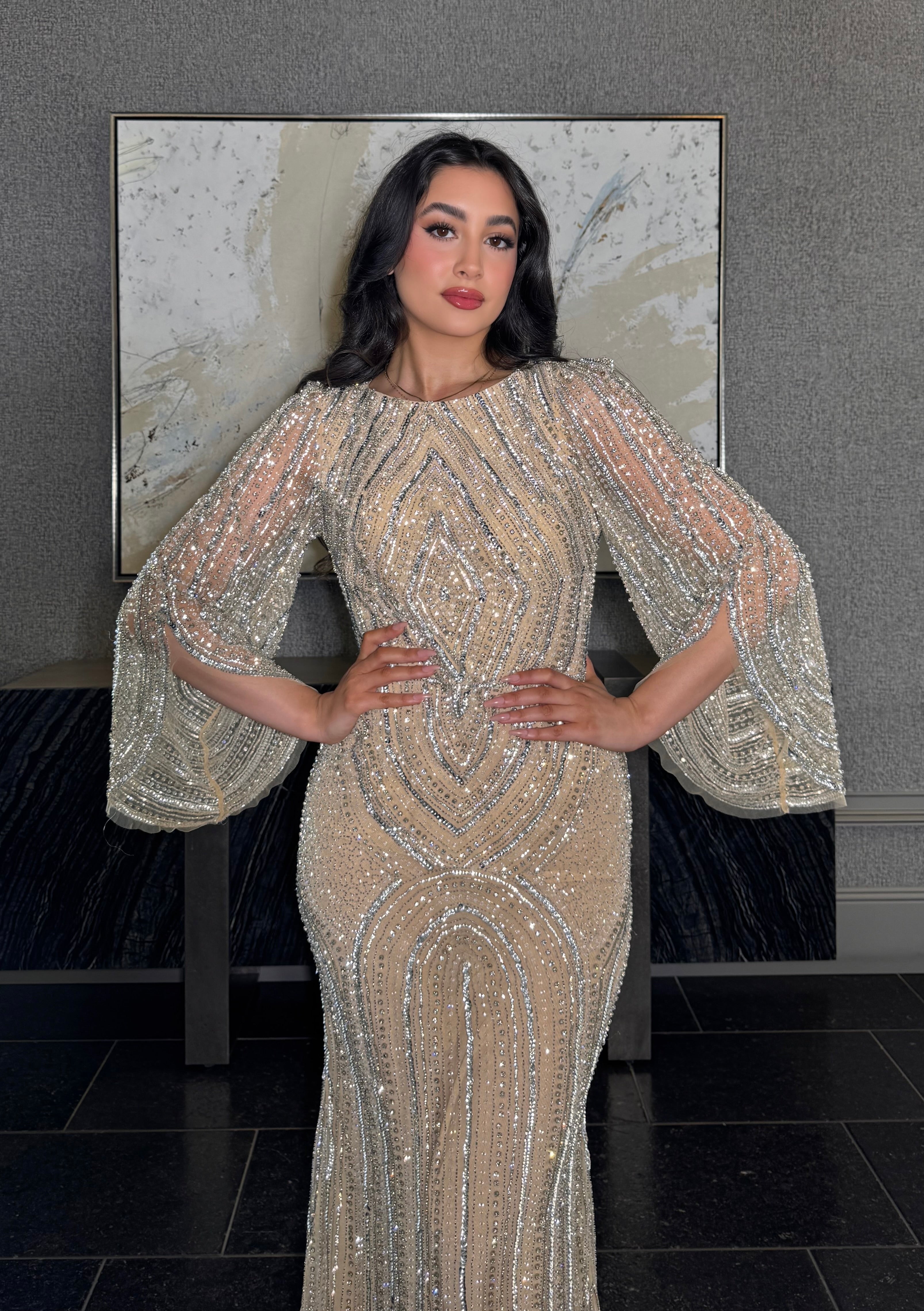 Anisa Modest Long Flare Wrist Sleeve Beaded Mermaid Gown