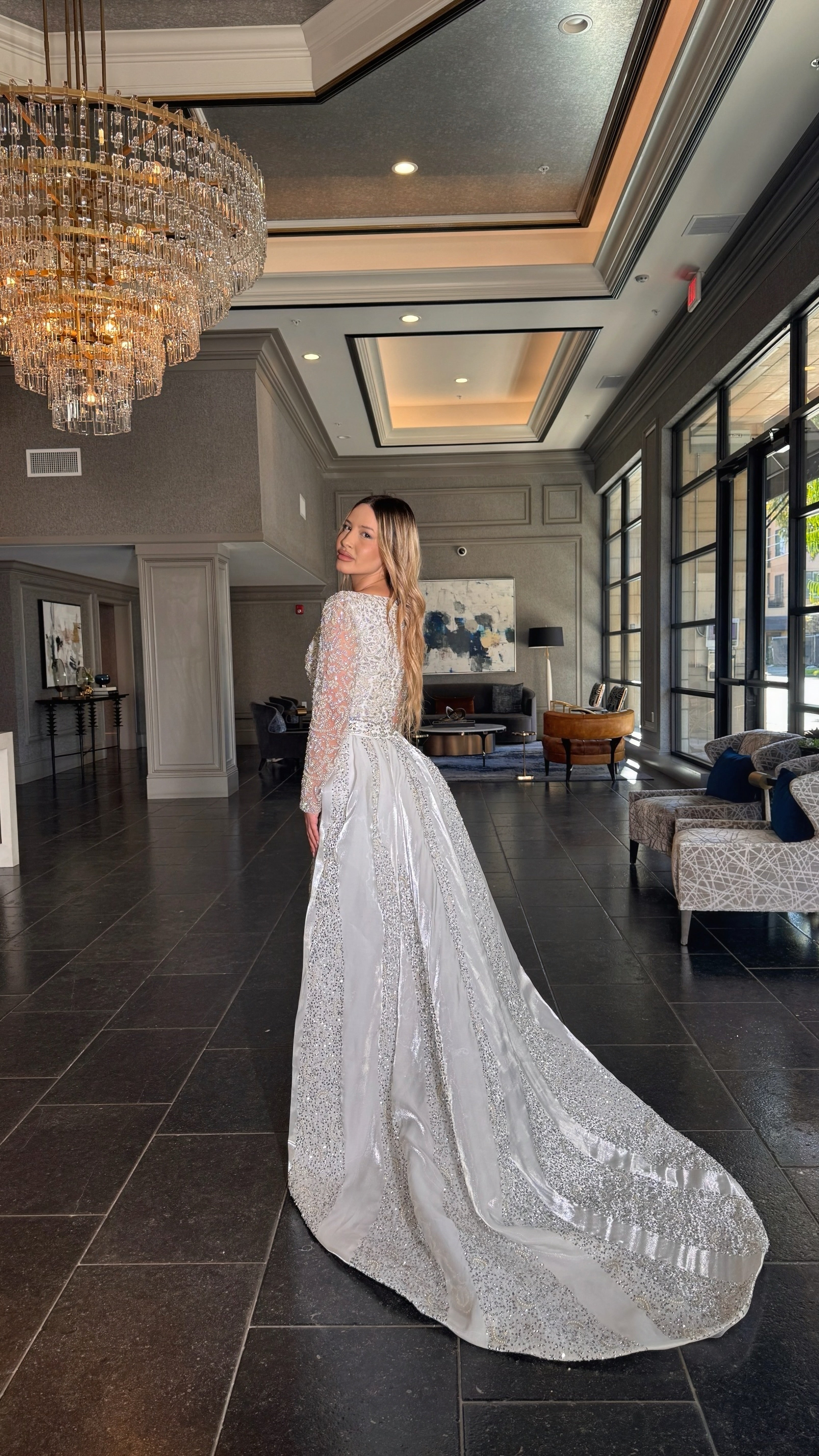 Aleena Bridal Embellished Pearl Crystal Beaded Gown With Detachable Overskirt