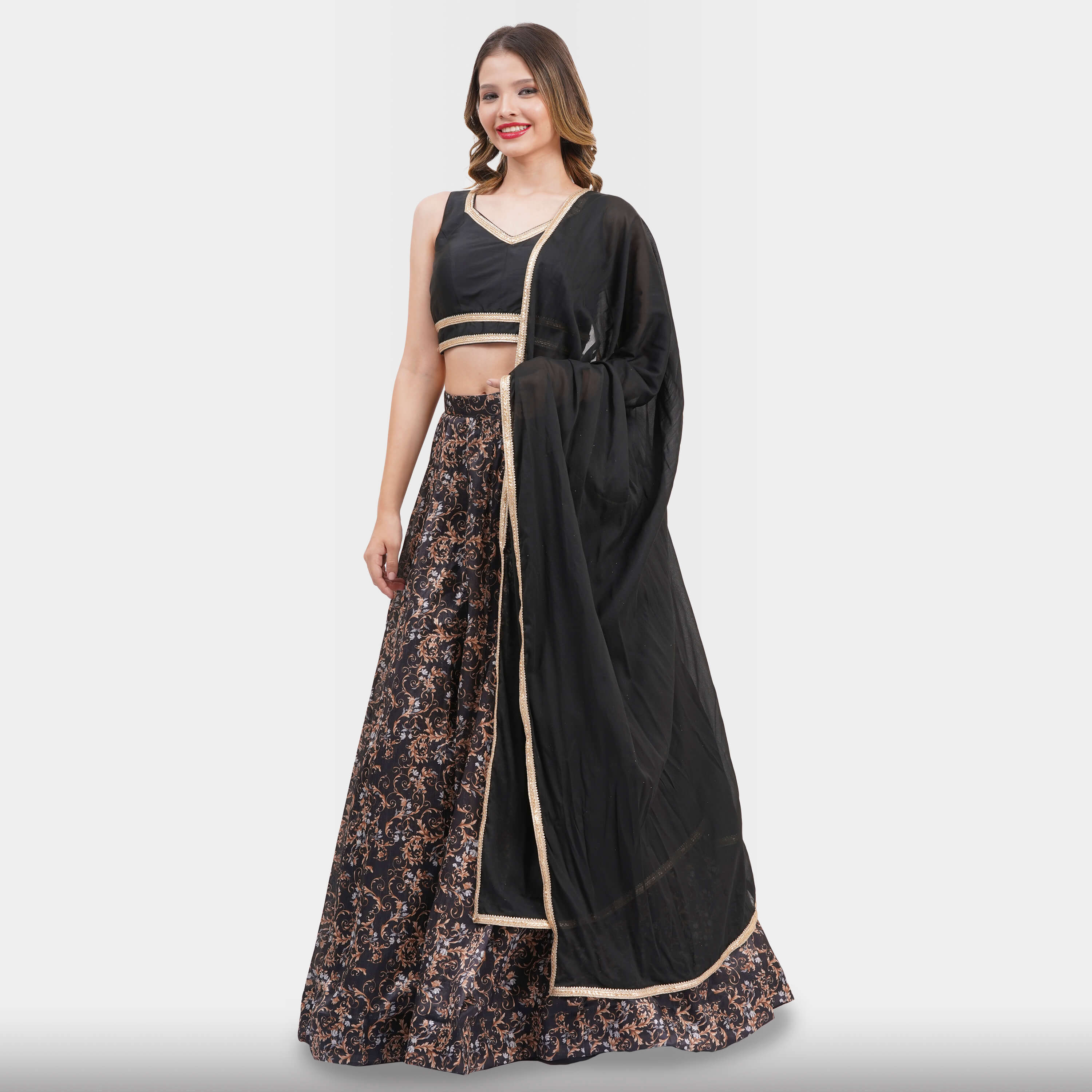 Black Floral Lehenga Choli Set For Evening Wear