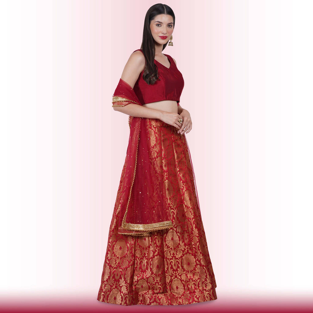 Brocade Lehenga for Wedding Guests - Maroon