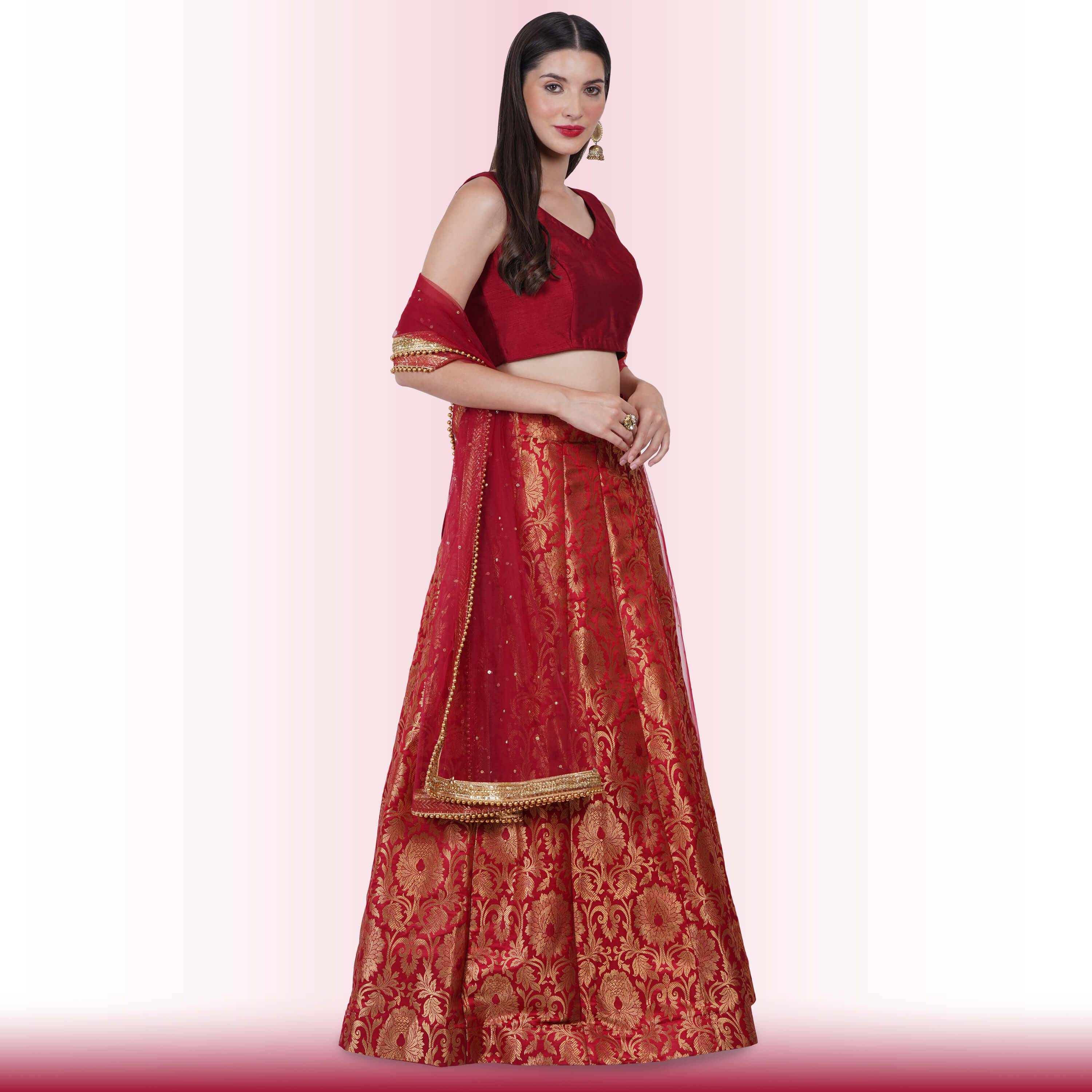 Brocade Lehenga for Wedding Guests - Maroon
