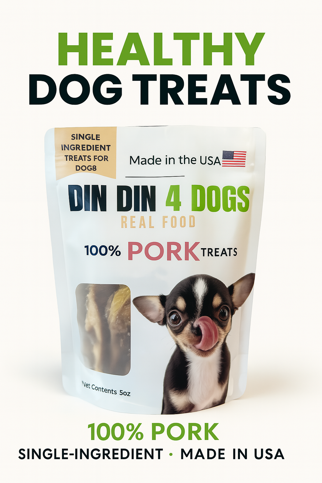 100% Pork Dog Treats, 5 Ounce Bag, Single Ingredient, High Protein