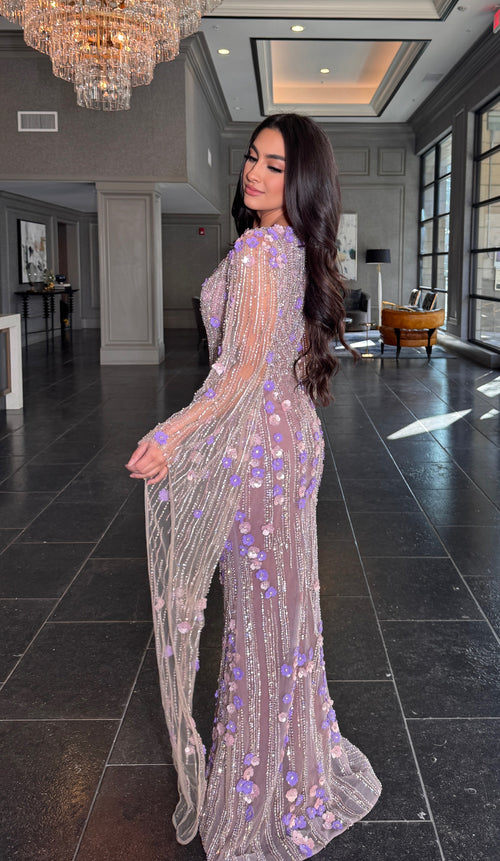 Basima Long Sleeve Floral Sequin Embellished Modest Evening Dress