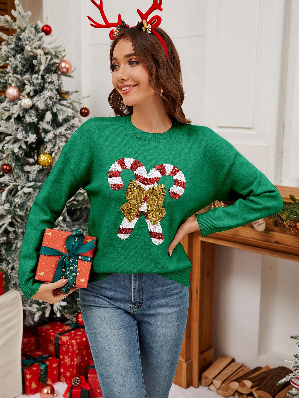 Christmas Candy Cane Sequin Knit Sweater | NCS
