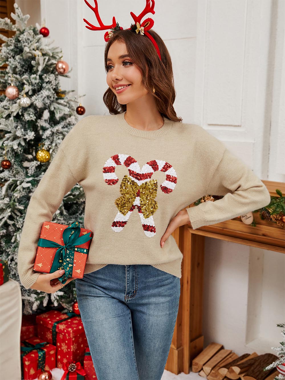 Christmas Candy Cane Sequin Knit Sweater | NCS