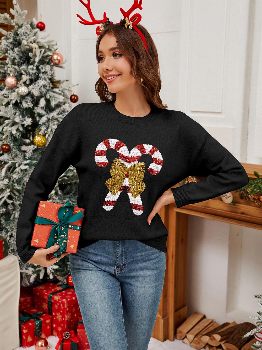 Christmas Candy Cane Sequin Knit Sweater | NCS
