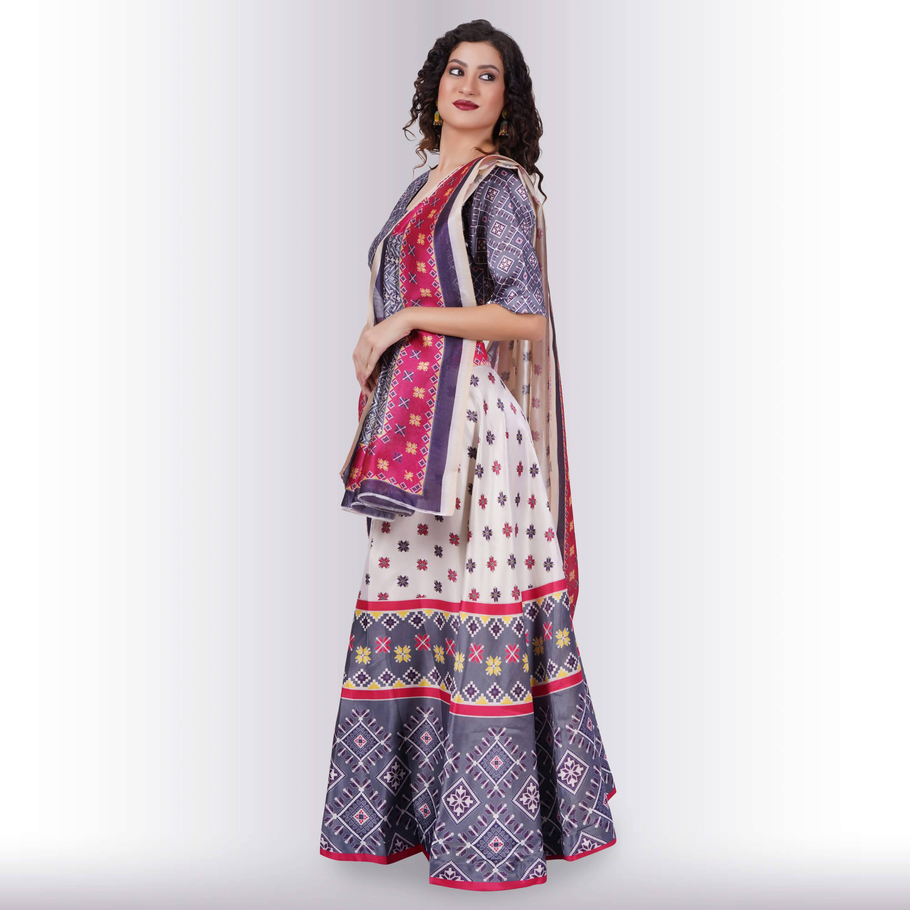 Silk Chania Choli in Combination Prints
