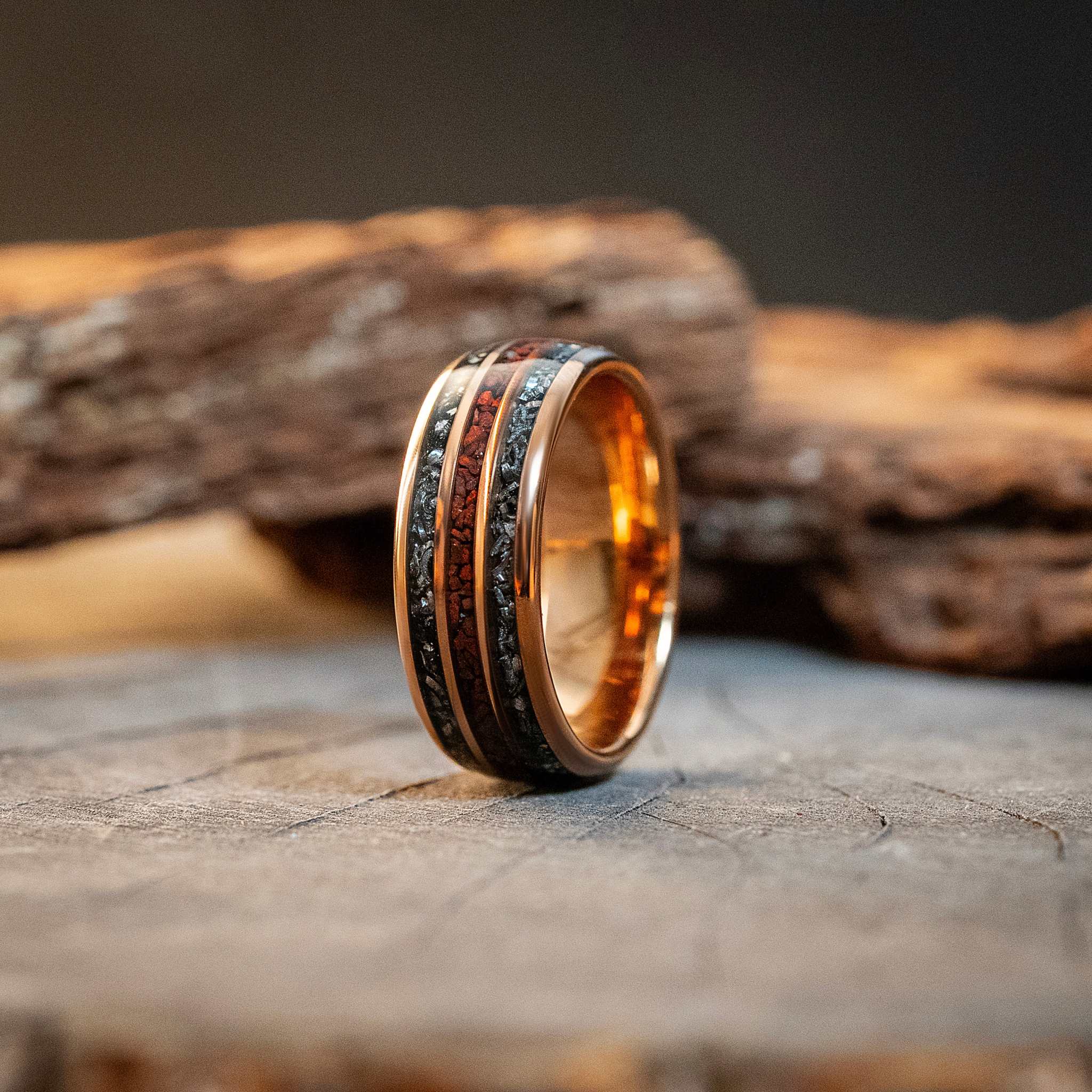 Rose Gold Meteorite Dinosaur Bone Tungsten Carbide Ring