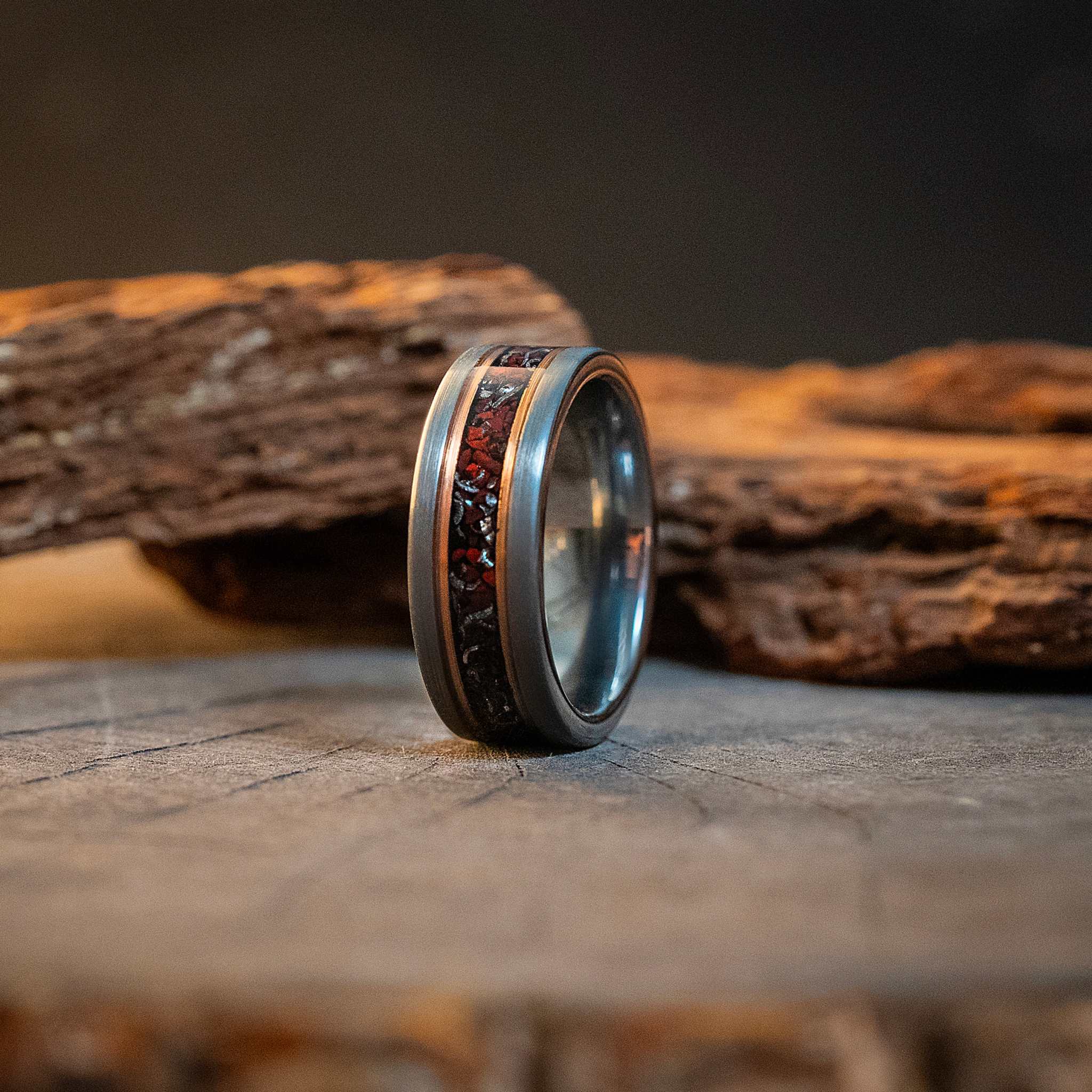 Silver Rose Tungsten Carbide Ring Dinosaur Bone Fossil Meteorite
