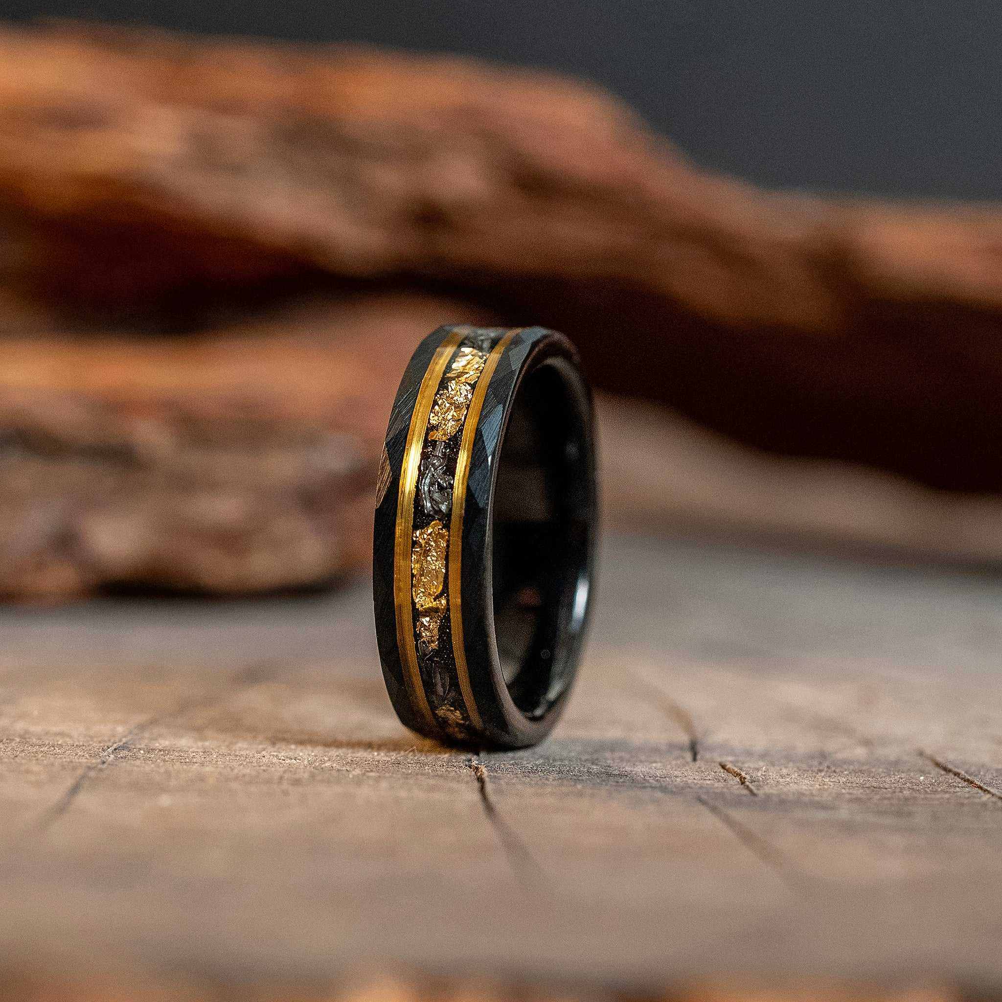 Meteorite x Gold Leaf Hammered Tungsten Carbide - 6mm