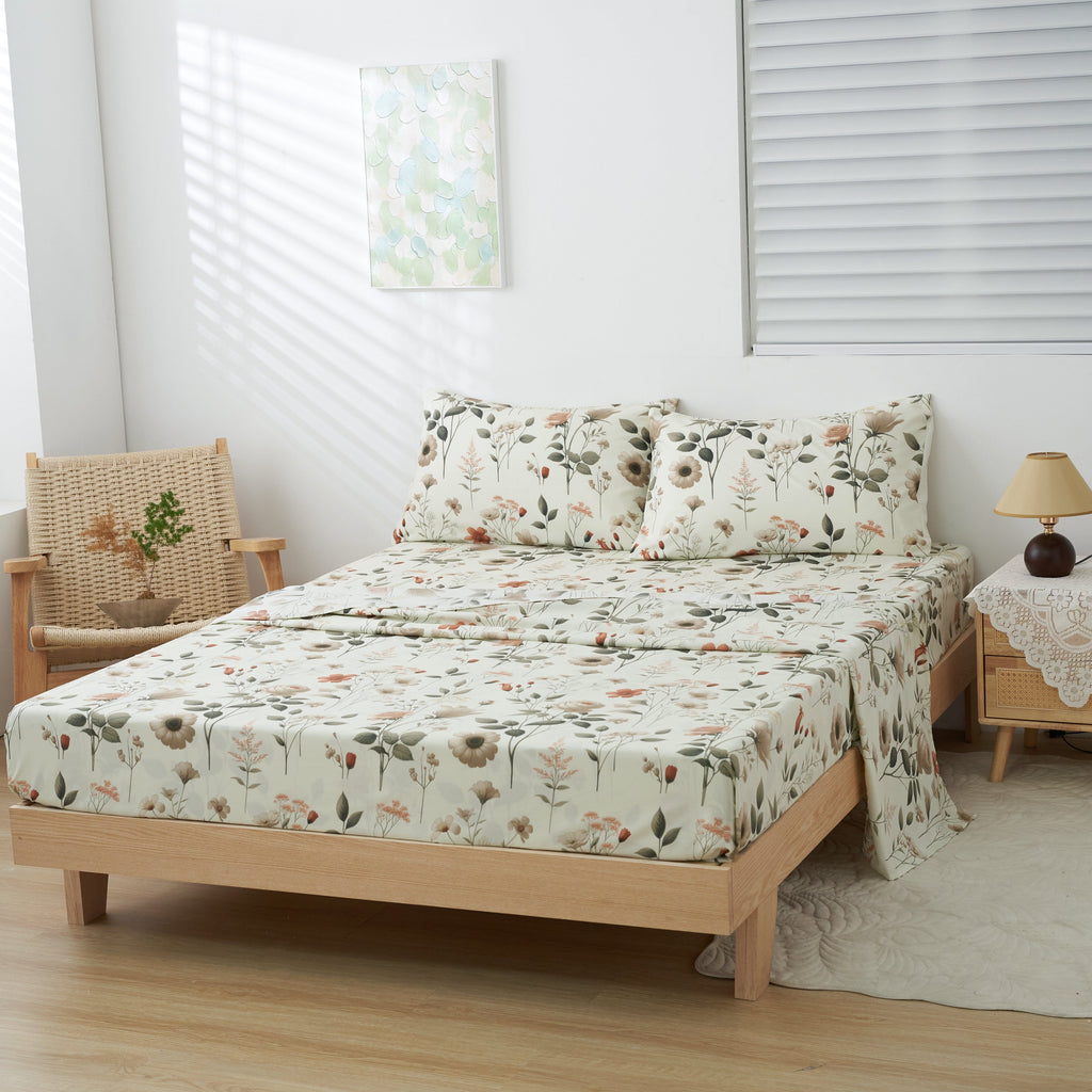 DaDalogy Enchanted Meadow Bed in a bag Set - Victoria Garden Delicate Floral Symphony in Beige, Rose, and Soft Green, Luxuriously Soft Quilted Set