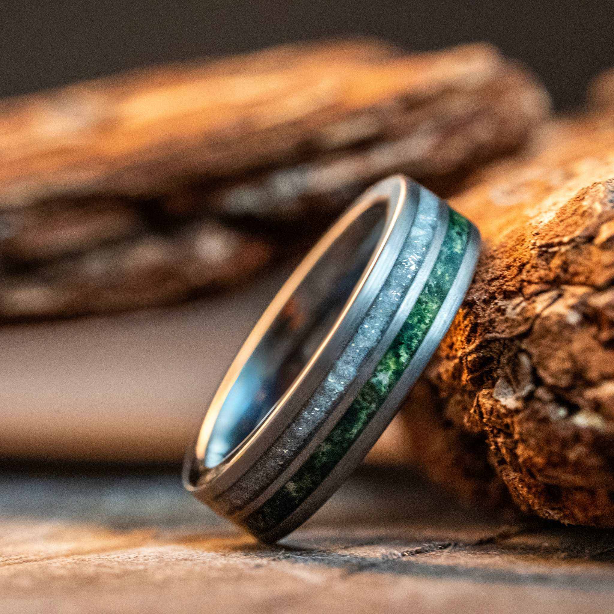 Moss Agate x Moonstone Tungsten Carbide Ring