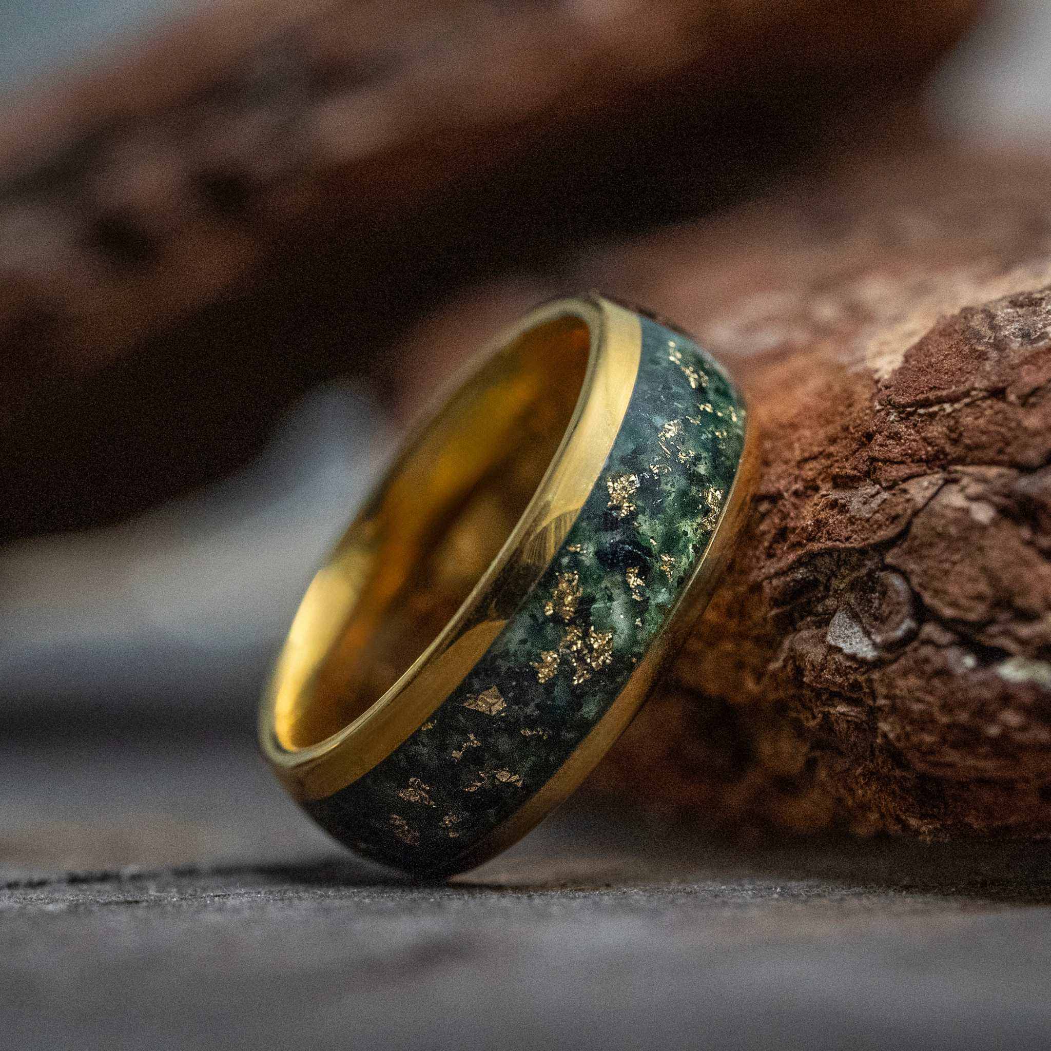 Moss Agate x Gold Leaf Tungsten Carbide Ring