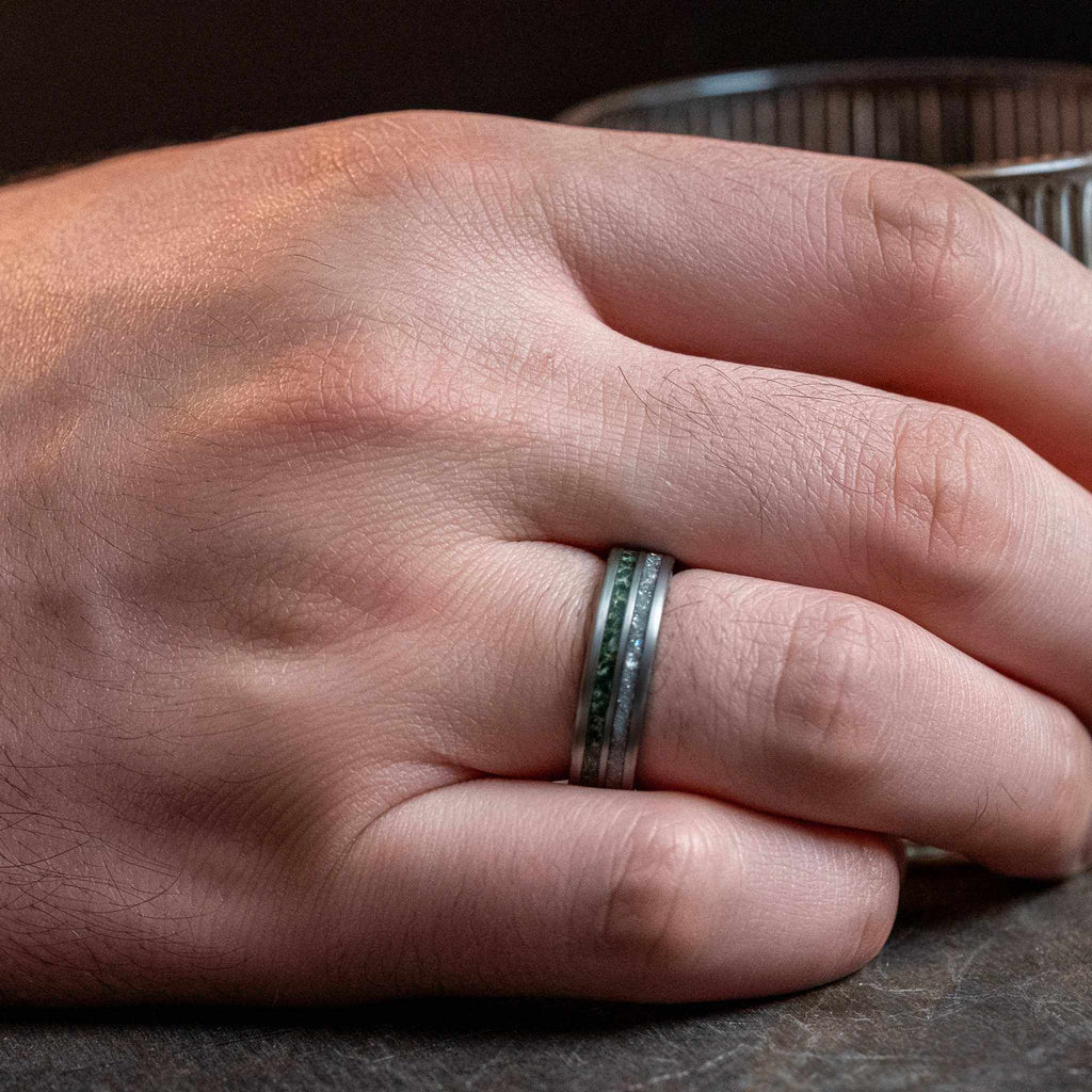 Moss Agate x Moonstone Tungsten Carbide Ring