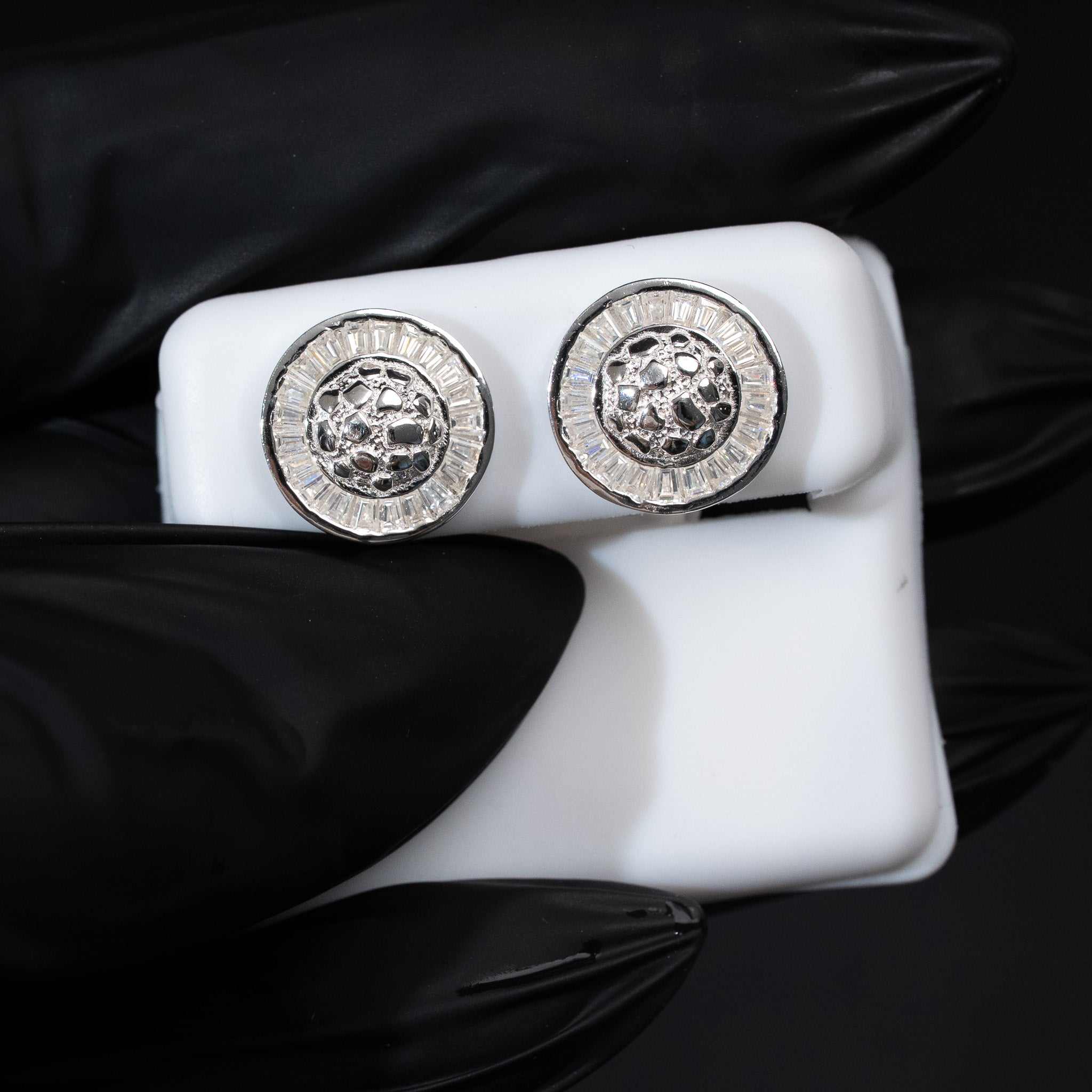 Moissanite Baguette Nugget Saturn Round Stud Earrings 925 Sterling Silver Screw Back