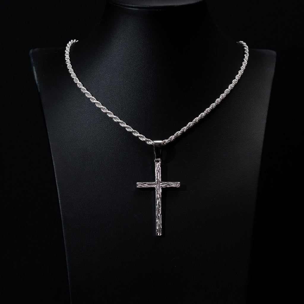 Wood Grain Textured Cross Pendant Solid 925 Sterling Silver Rhodium/14 Gold Plated