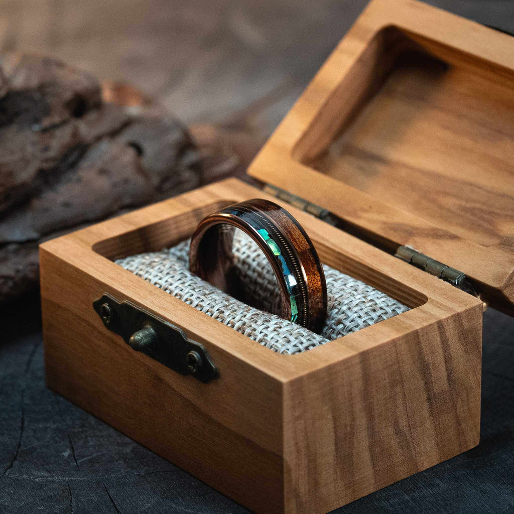 Guitar String x Abalone Shell x Hawaiian Koa Wood Rose Gold Tungsten Ring