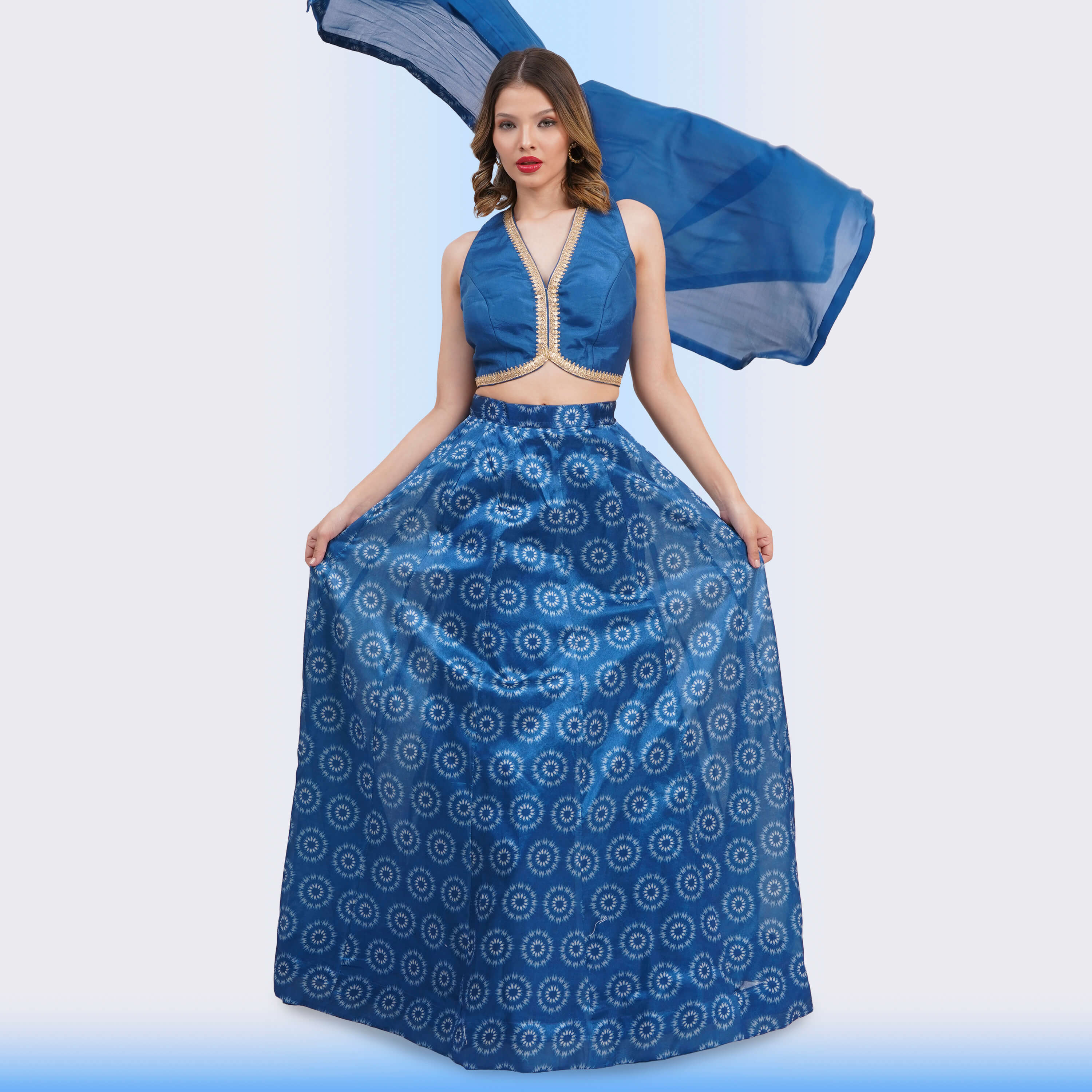 Sapphire Blue Medallion Print Lehenga Choli Set