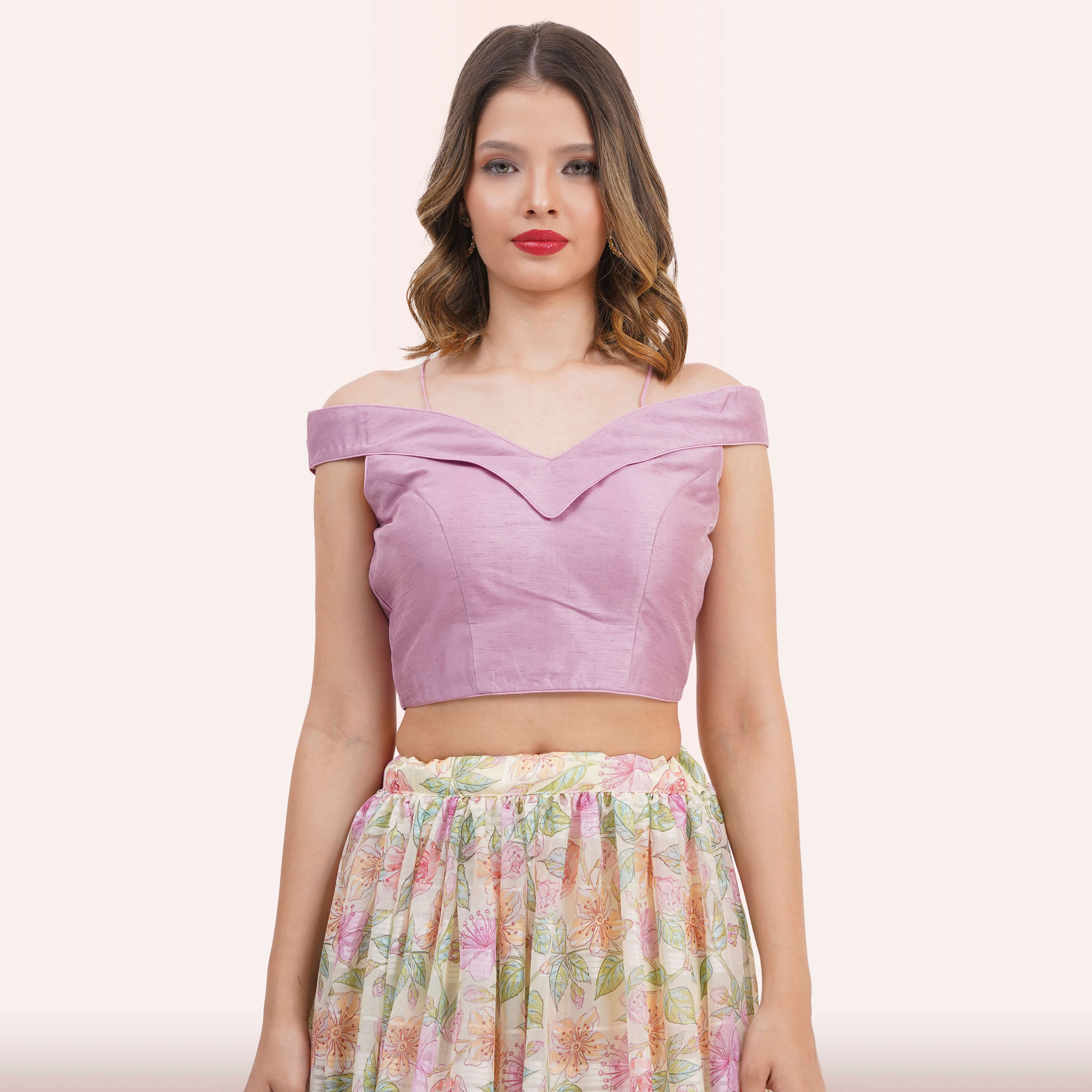 Pastel Floral Lehenga Choli Set - Off-Shoulder Blouse
