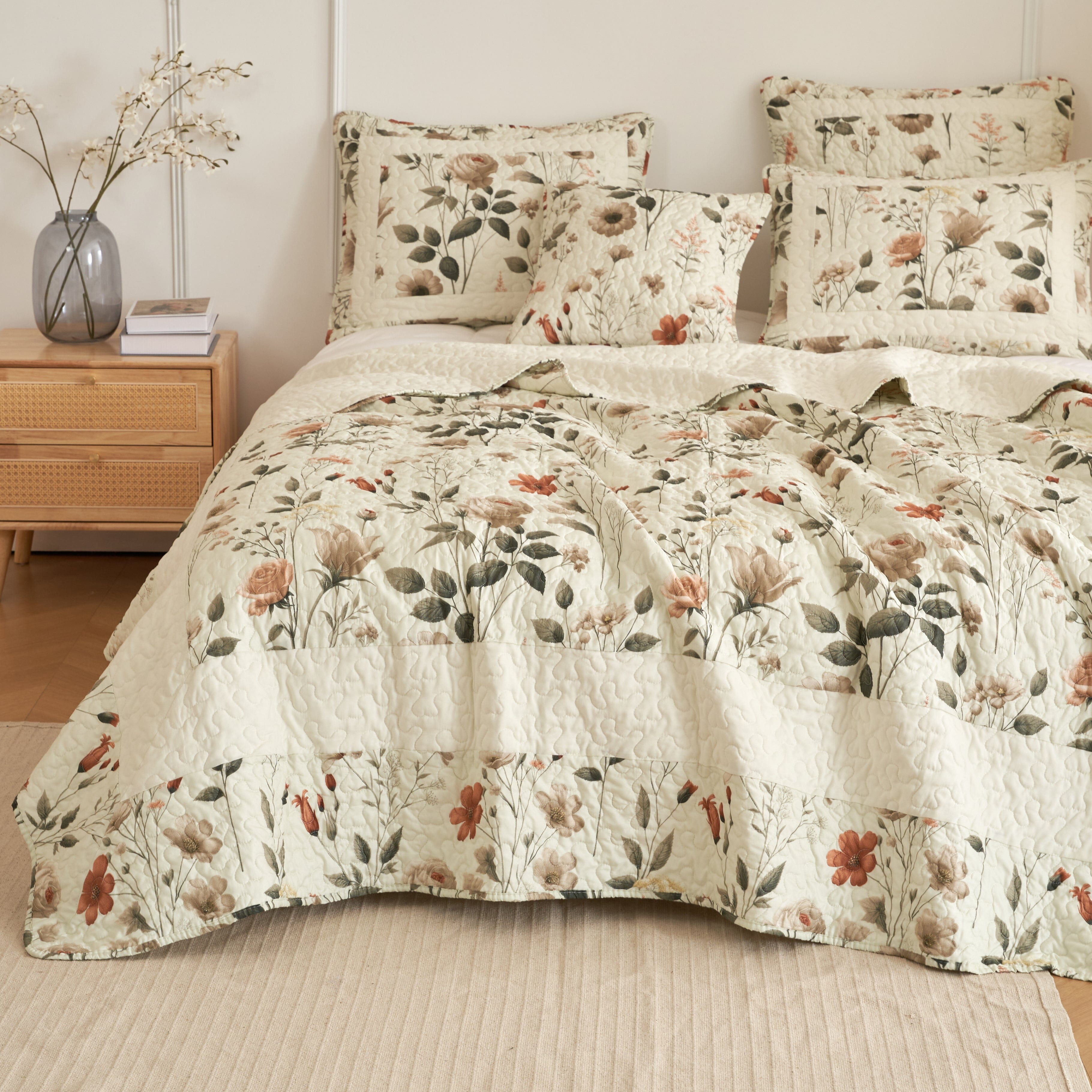 DaDalogy Enchanted Meadow Bed in a bag Set - Victoria Garden Delicate Floral Symphony in Beige, Rose, and Soft Green, Luxuriously Soft Quilted Set