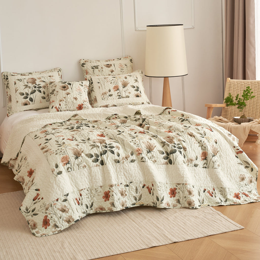 DaDalogy Enchanted Meadow Bed in a bag Set - Victoria Garden Delicate Floral Symphony in Beige, Rose, and Soft Green, Luxuriously Soft Quilted Set