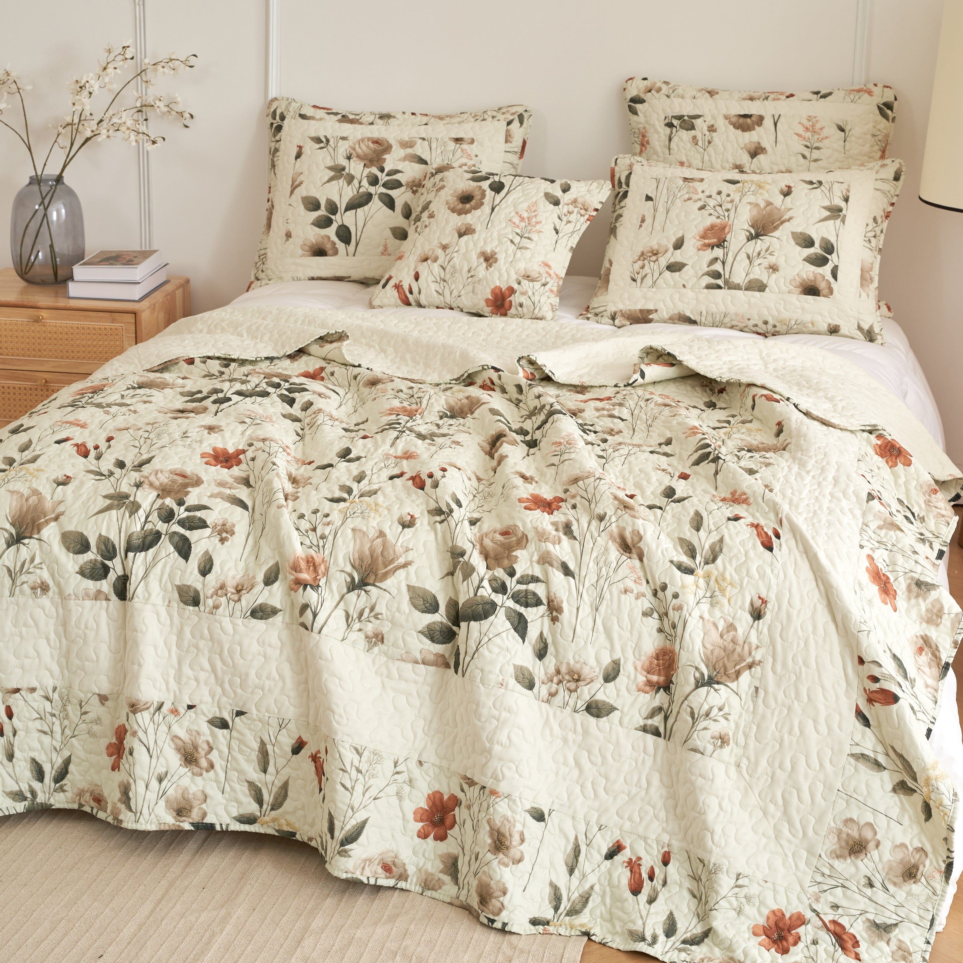 DaDalogy Enchanted Meadow Bed in a bag Set - Victoria Garden Delicate Floral Symphony in Beige, Rose, and Soft Green, Luxuriously Soft Quilted Set
