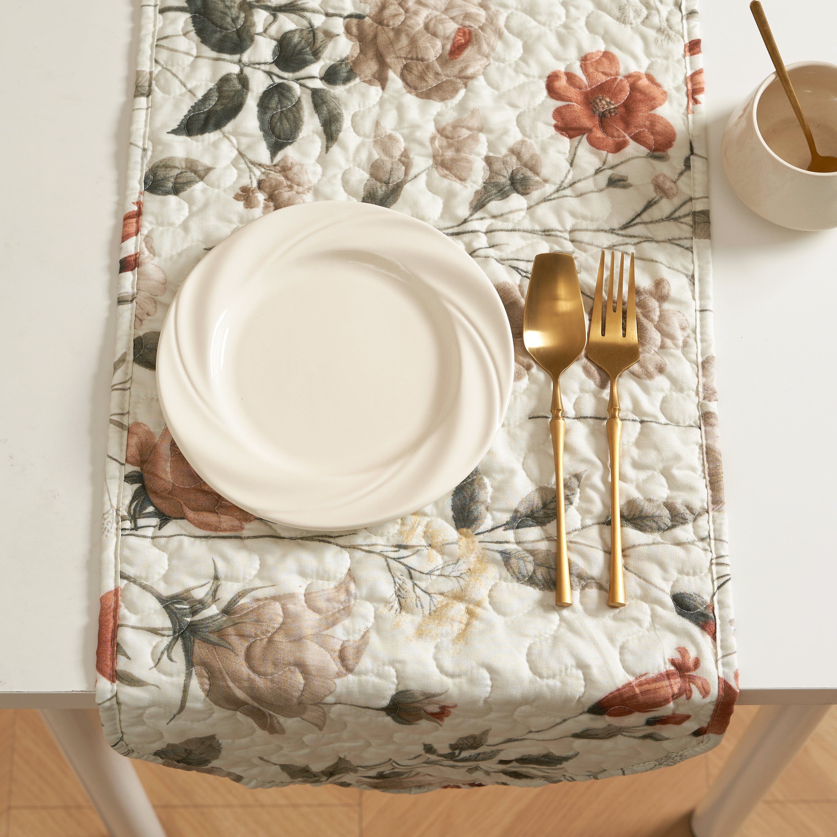 DaDalogy Enchanted Meadow Reversible Dinner Table Runner - Floral Elegance in Beige, Rose, and Soft Olive Green, Premium Soft Microfiber Quilted Table Runner
